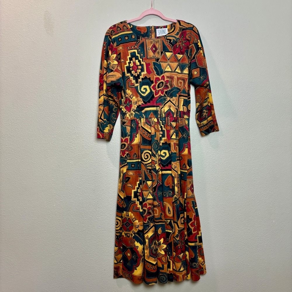 Sabino Vintage 80s Midi Dress Abstract Print Belted Long Sleeve Size 6 Bohemian - Picture 6 of 16